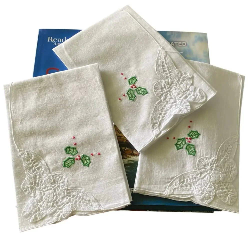 SET OF 3 Vintage Hand Stitched Embroidered Napkins & Crochet Corners 15.5 x 15.5